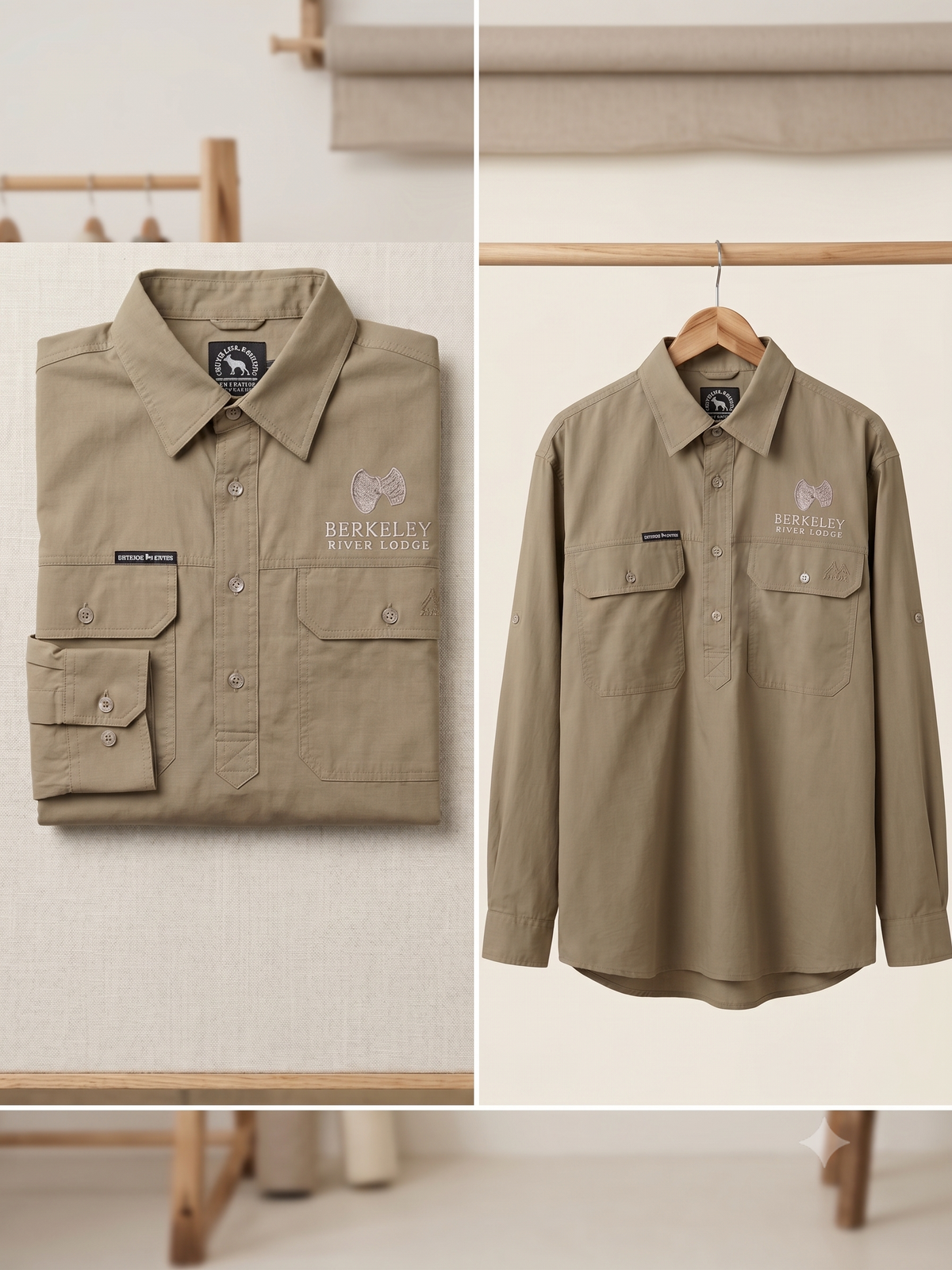 Mens Half Button Long Sleeve Shirt - Khaki
