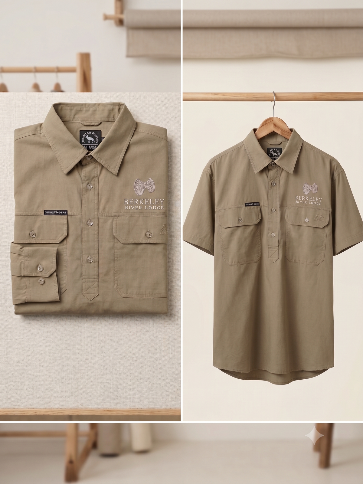 Mens Half Button Short Sleeve Shirt - Khaki